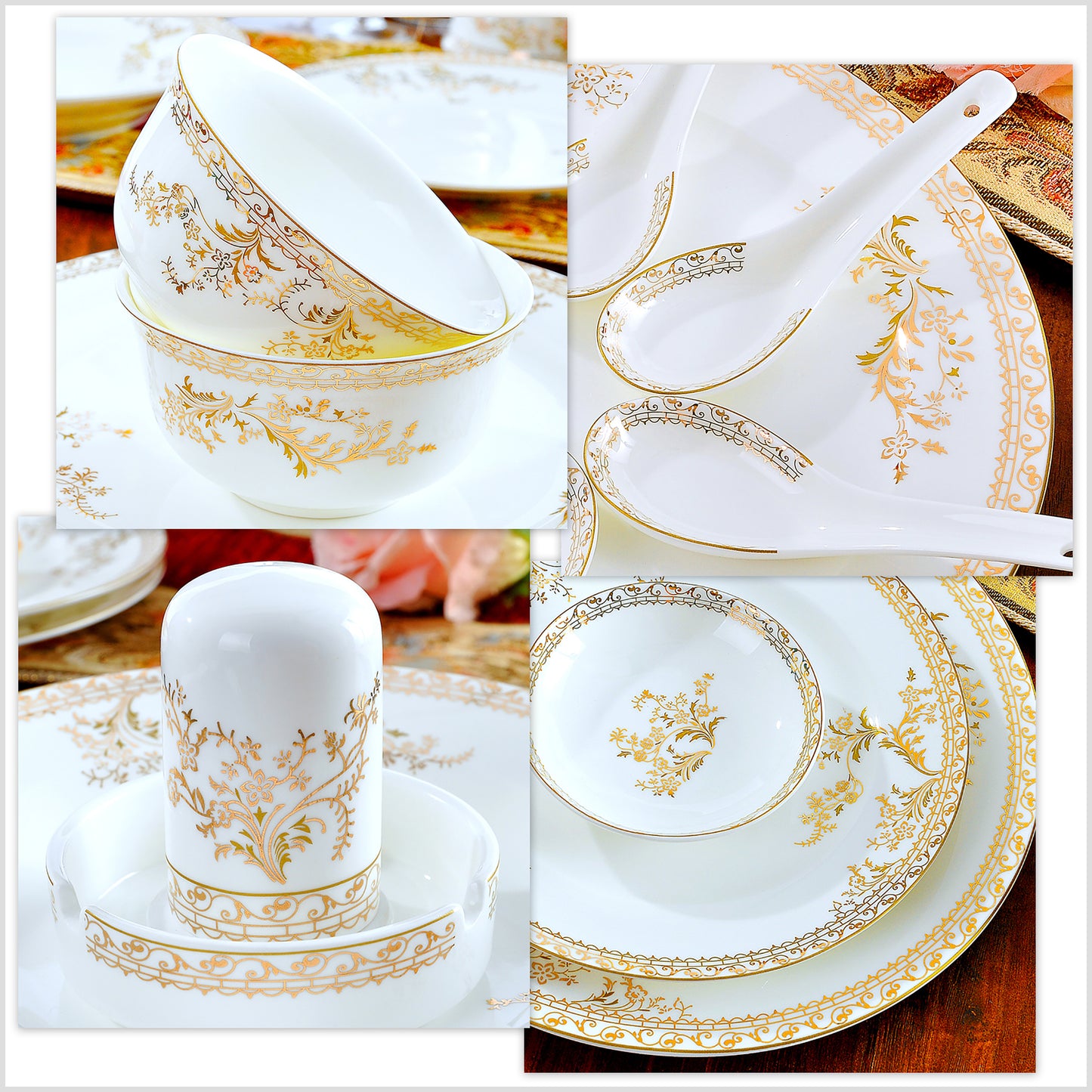 Bone China Dinnerware Set - Gold Inlay of Floral Motif & Rim