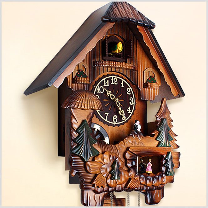 33" Black Forest Wooden Cuckoo Clock with Hand Carvings - Chirping Bird & Dance in Music