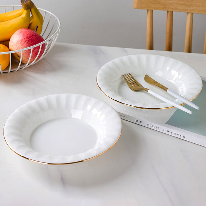 Bone China Deep Plate - Ribbed Front Edge & Gold Rim