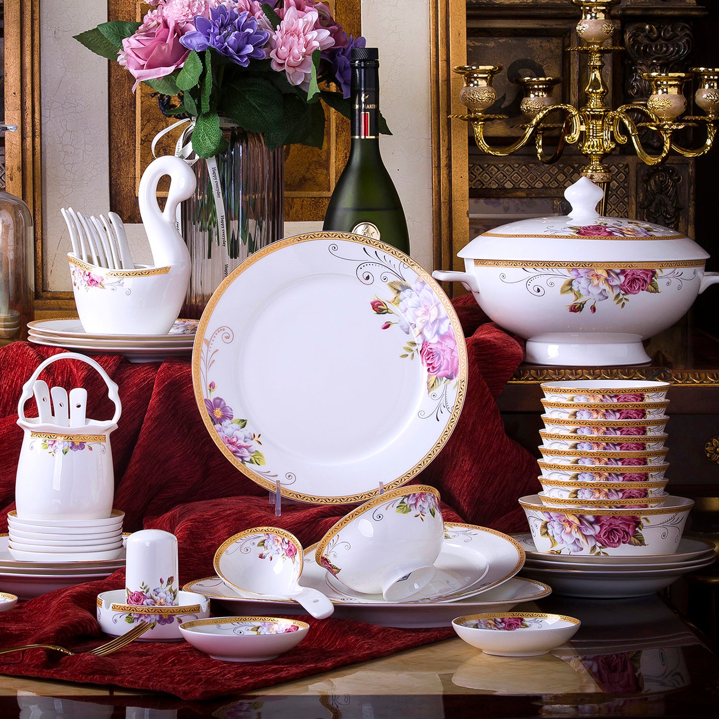 Bone China Dinnerware Set - Colorful Floral Motif & Decorative Rim