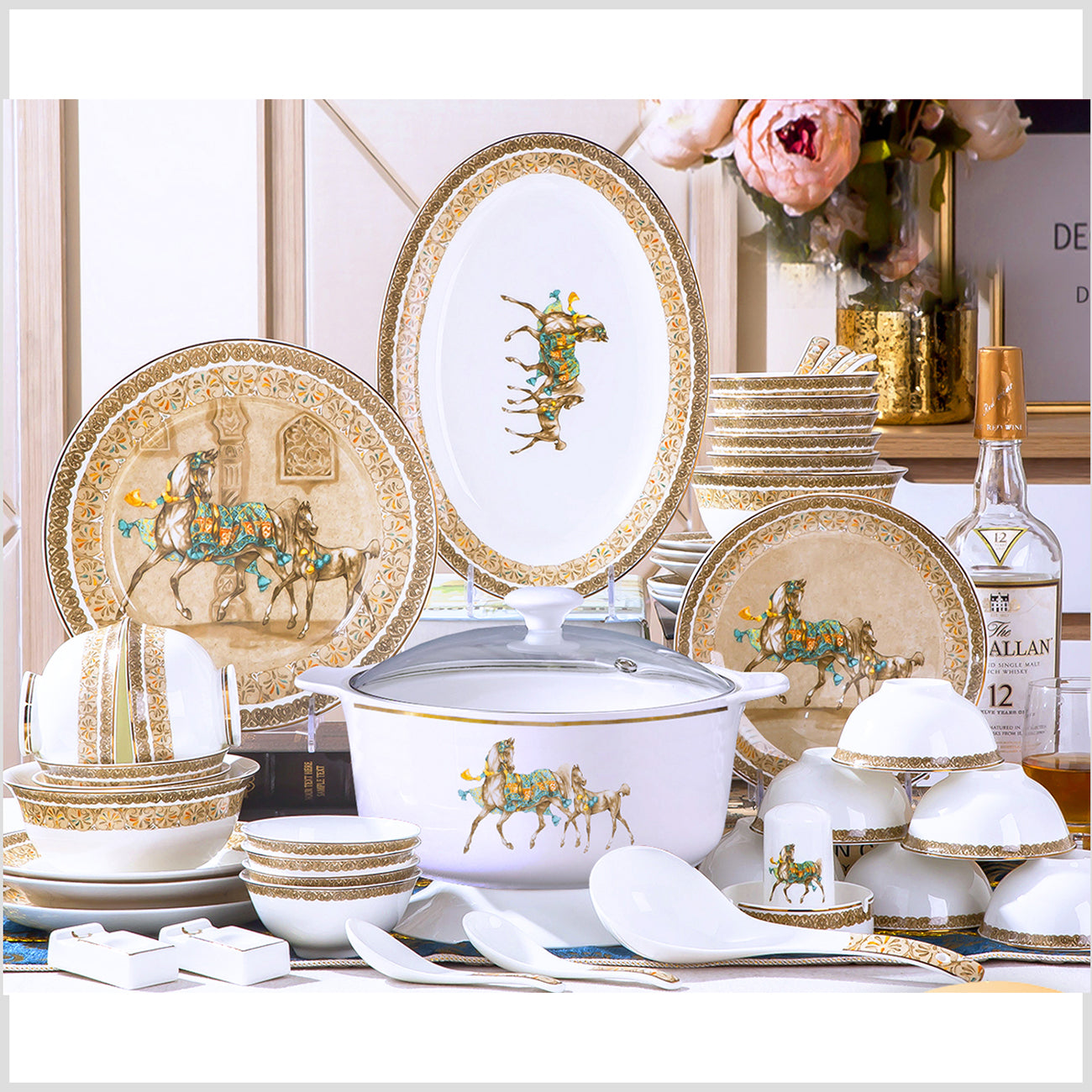 Bone China Dinnerware Set - Brown Decorative Rim & Horse Motif