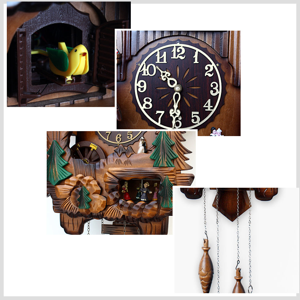 33" Black Forest Wooden Cuckoo Clock with Hand Carvings - Chirping Bird & Dance in Music