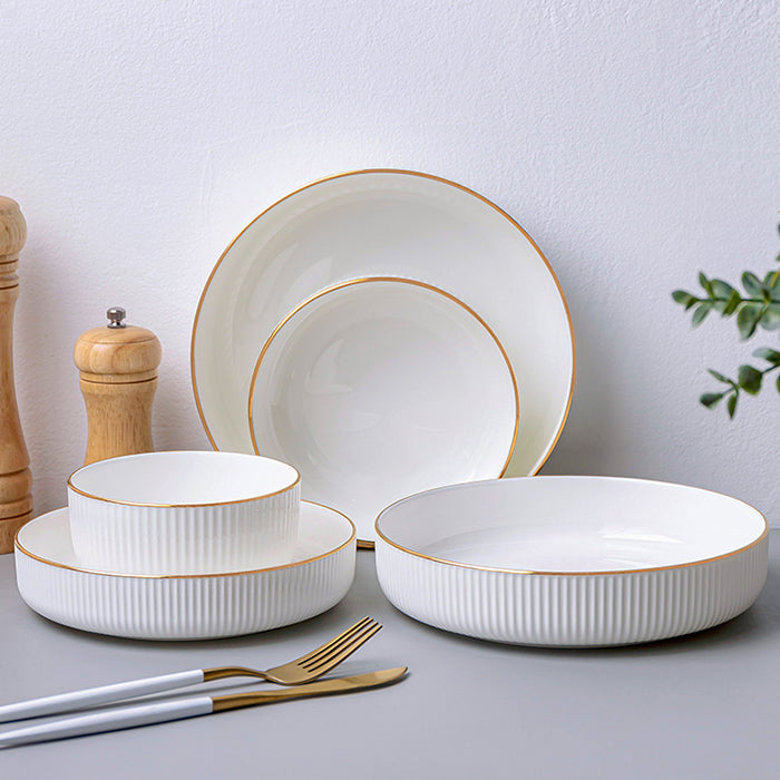 Bone China Dinnerware - Ribbed Plate with Gold Rim