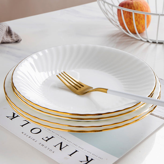 Bone China Round Plate - Ribbed Front Edge & Gold Rim