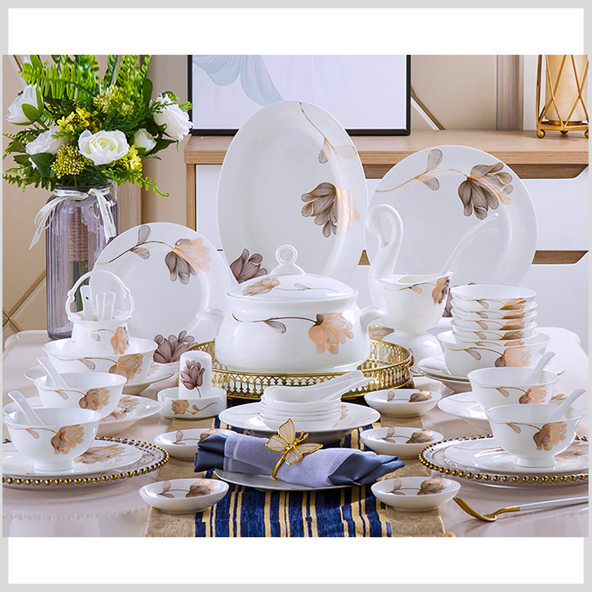 Bone China Dinnerware Set - Abstract Floral Design in Gold