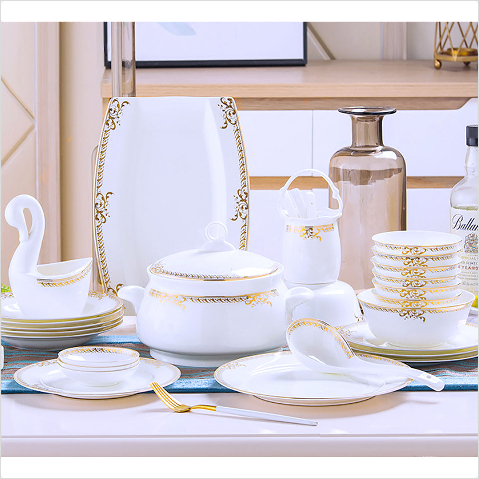 Bone China Dinnerware Set - Gold Inlay of Decorative Rim