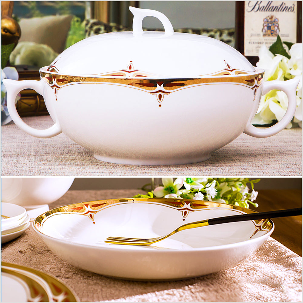 Bone China Dinnerware Set - Decorative Rim in Gold & Rich Colors