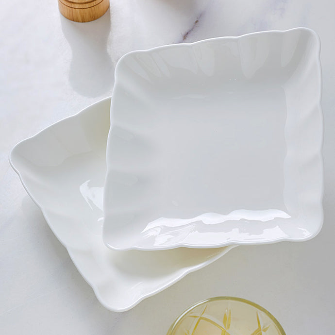 Bone China Square Plate in Creamy White - Scallop or Ribbed Edge