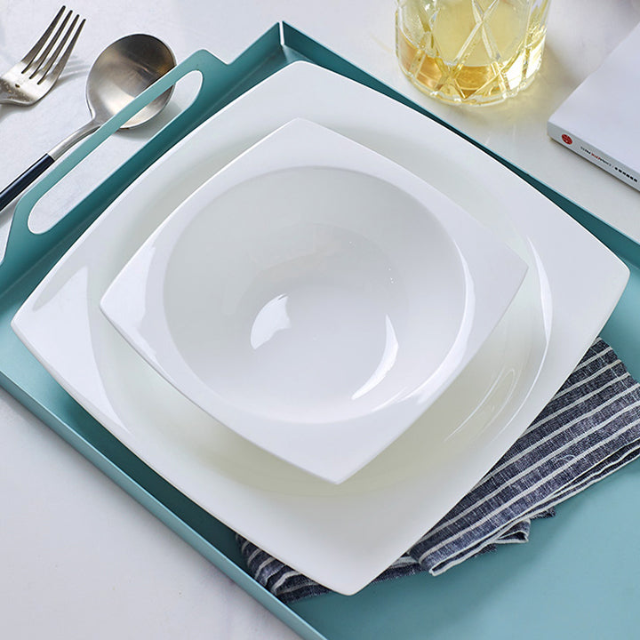 Bone China Square Plate with Concave Circle - in Creamy White