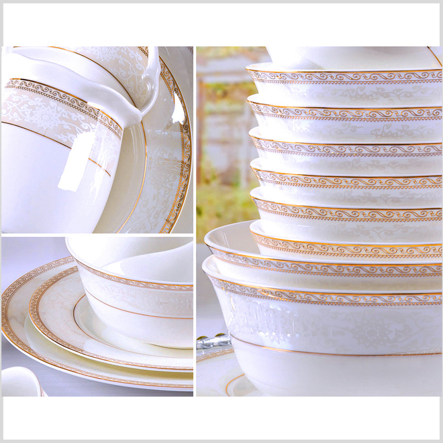 Bone China Dinnerware Set - Decorative Rim in Gold & Brown with Pale Pattern