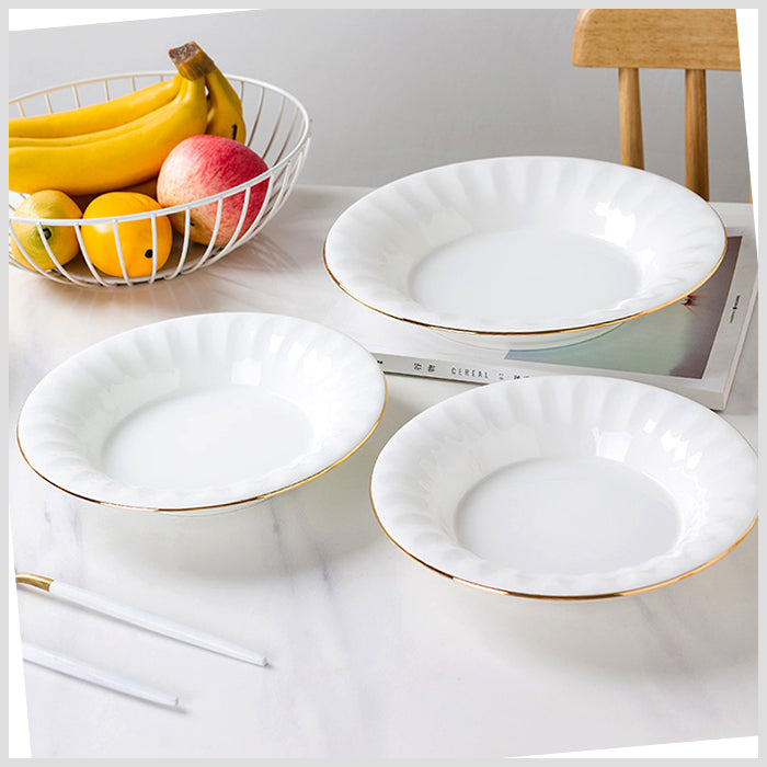 Bone China Deep Plate - Ribbed Front Edge & Gold Rim