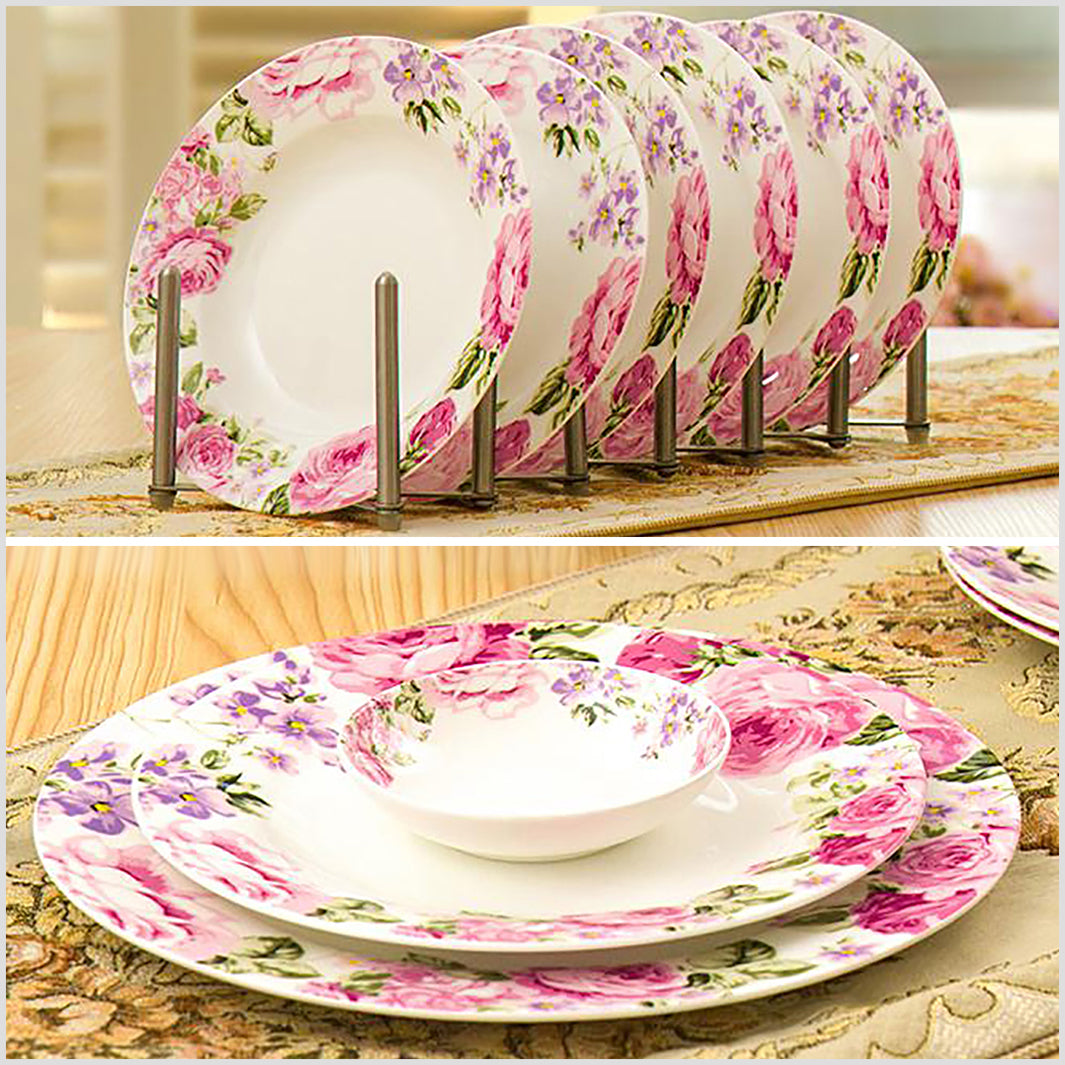 Bone China Dinnerware Set Floral Motif in Pink Purple