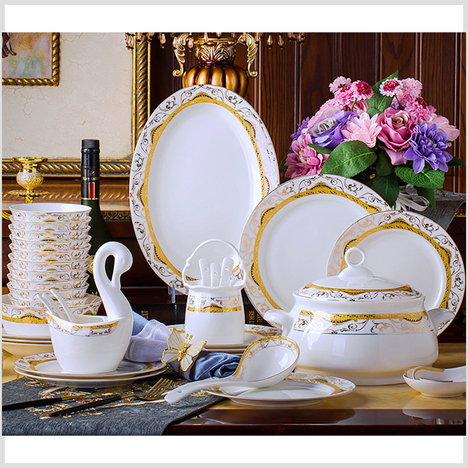 Bone China Dinnerware Set - Decorative Rim in Gold, Yellow & Black