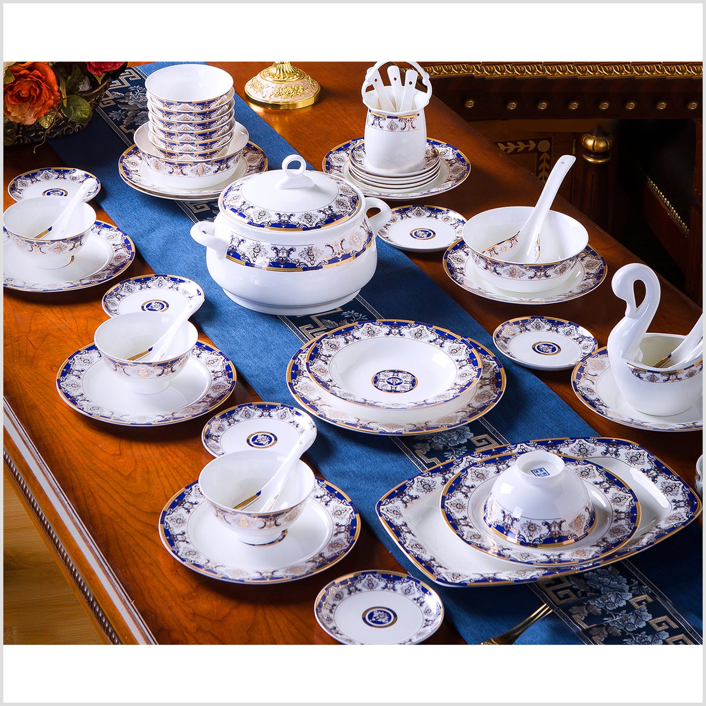 Bone China Dinnerware Set - Gold Inlay of Decorative Motif in Blue