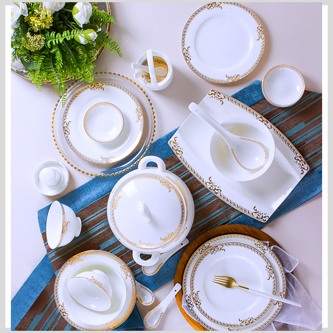 Bone China Dinnerware Set - Gold Inlay of Decorative Rim