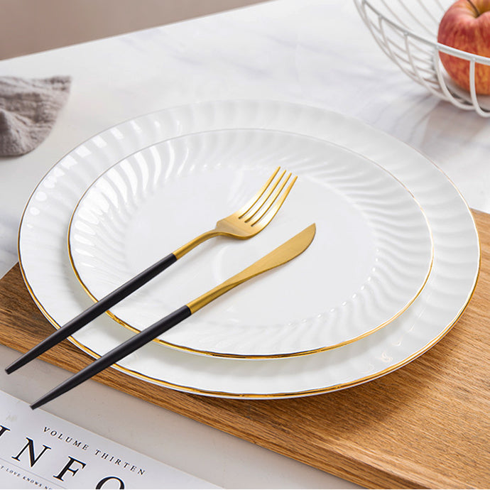 Bone China Dinner Plate - Ribbed Front Edge & Gold Rim