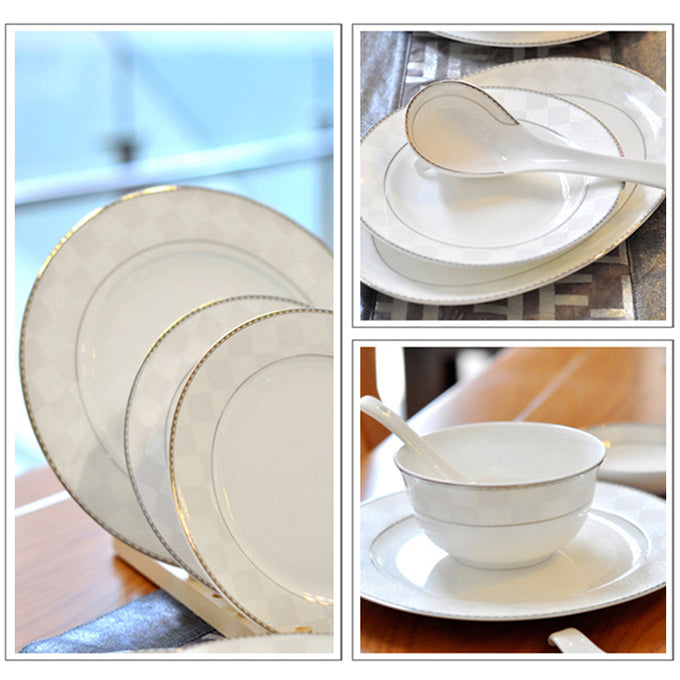 Bone China Dinnerware Set - Silver Decorative Rim & Pale Pattern