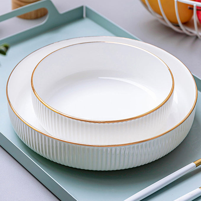 Bone China Dinnerware - Ribbed Plate with Gold Rim