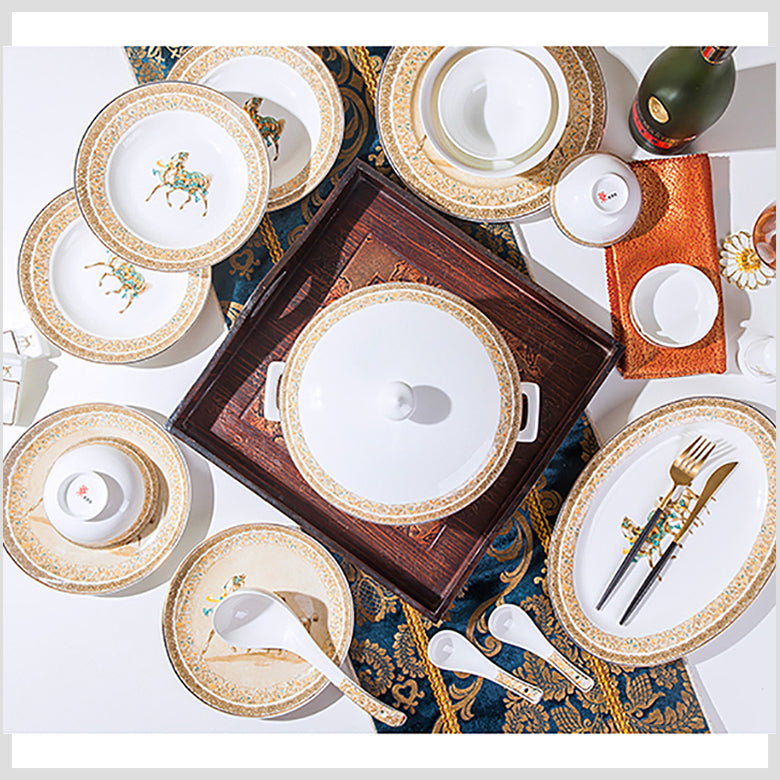 Bone China Dinnerware Set - Brown Decorative Rim & Horse Motif