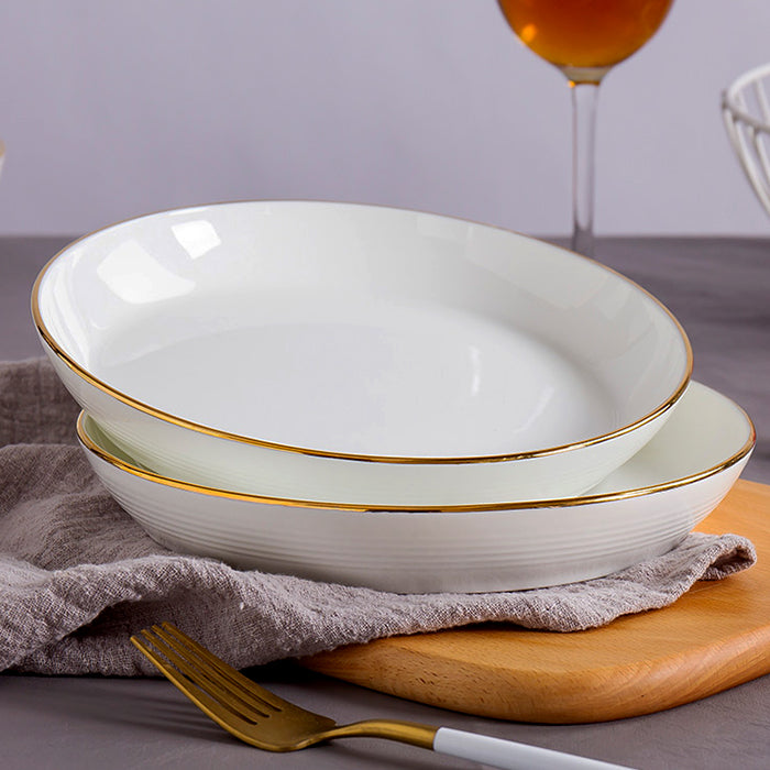 Bone China Round Plate - Horizontal Ridges & Gold Rim