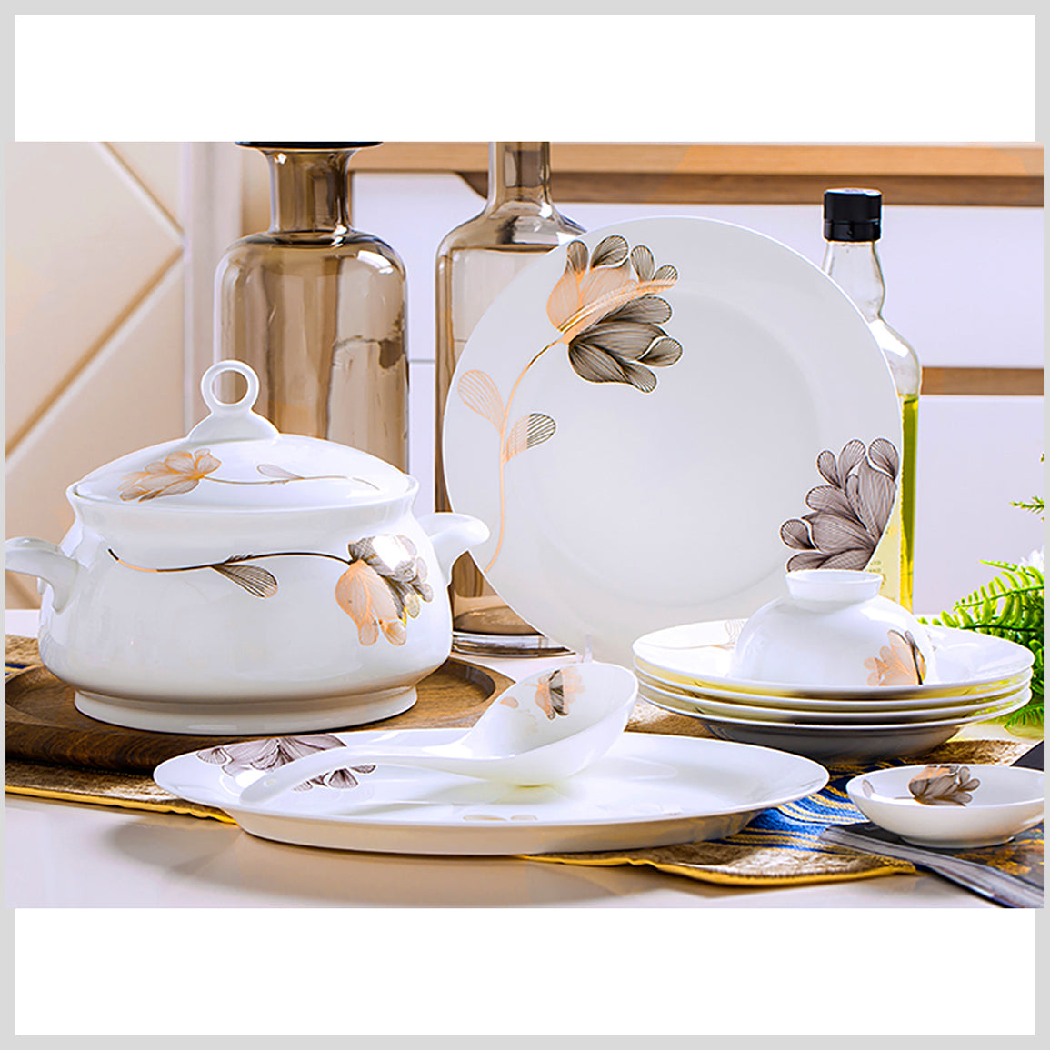 Bone China Dinnerware Set - Abstract Floral Design in Gold