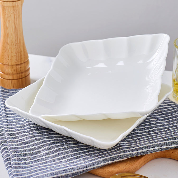 Bone China Square Plate in Creamy White - Scallop or Ribbed Edge