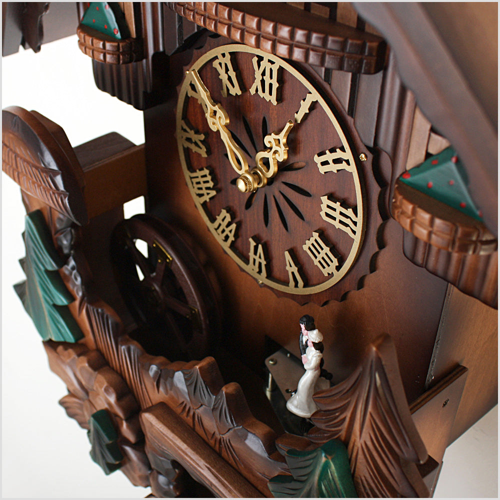 33" Black Forest Wooden Cuckoo Clock with Hand Carvings - Chirping Bird & Dance in Music