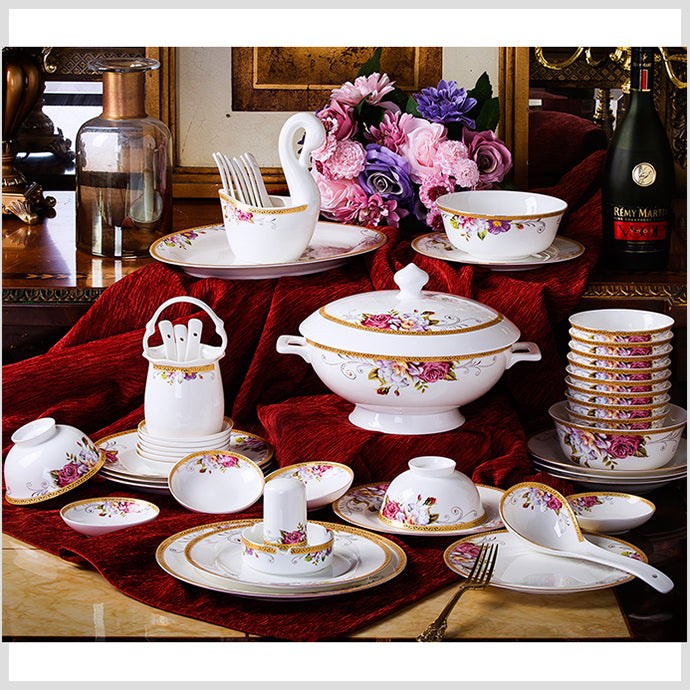 Bone China Dinnerware Set - Colorful Floral Motif & Decorative Rim