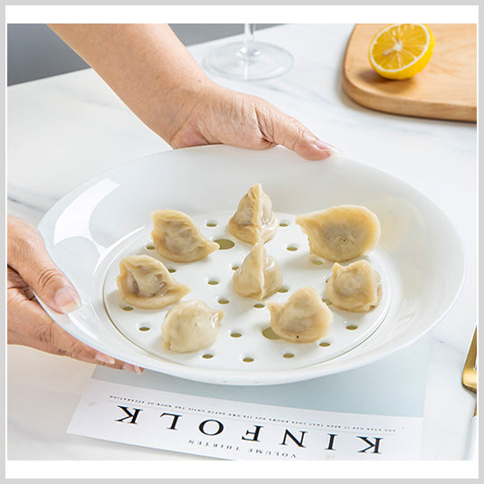 Bone China Dumpling Plate with Strainer - in Creamy White