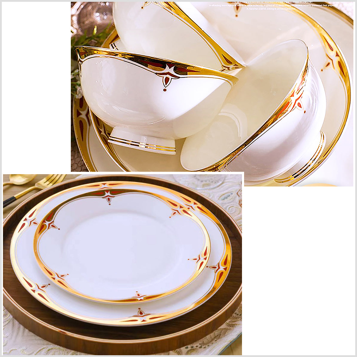 Bone China Dinnerware Set - Decorative Rim in Gold & Rich Colors