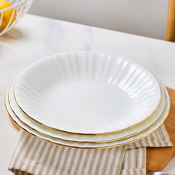 Bone China Round Plate - Ribbed Front Edge & Gold Rim