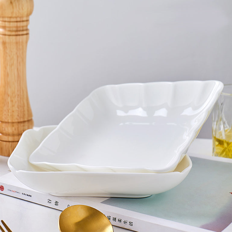 Bone China Square Plate in Creamy White Scallop or Ribbed Edge