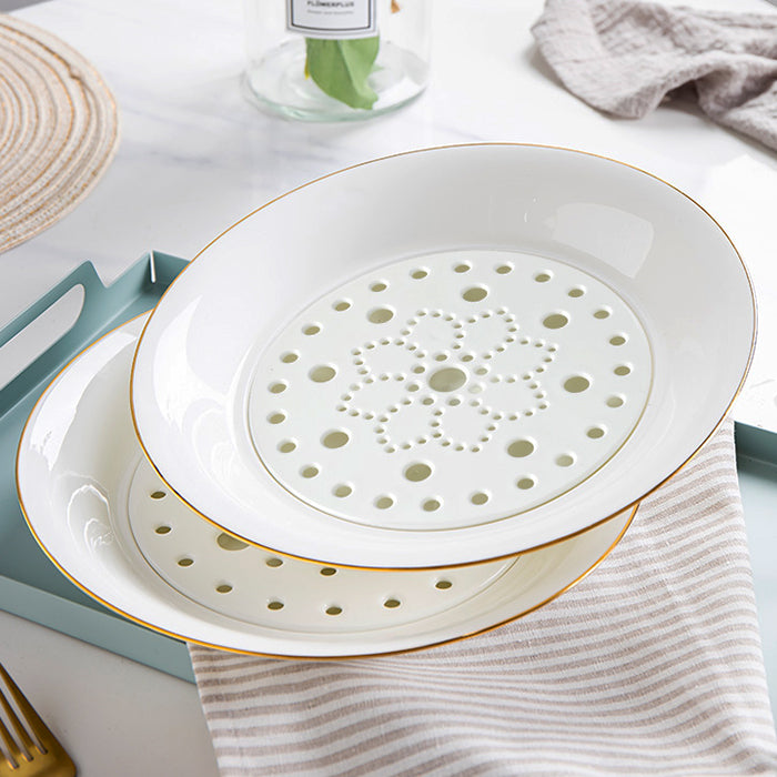 Bone China Dumpling Plate with Strainer - Gold Rimmed