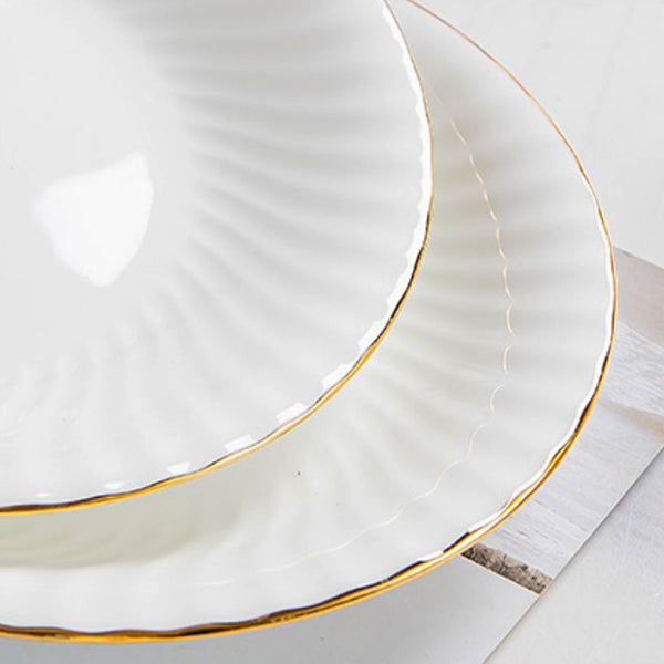 Bone China Round Plate - Ribbed Front Edge & Gold Rim