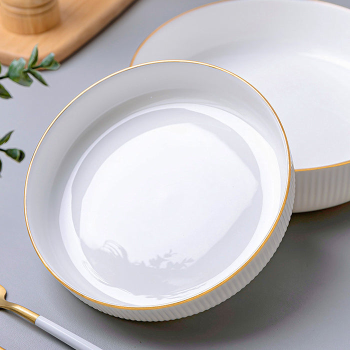 Bone China Dinnerware - Ribbed Plate with Gold Rim