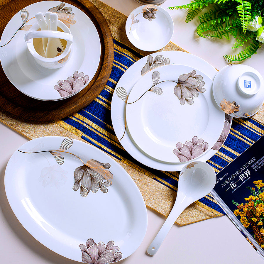 Bone China Dinnerware Set - Abstract Floral Design in Gold