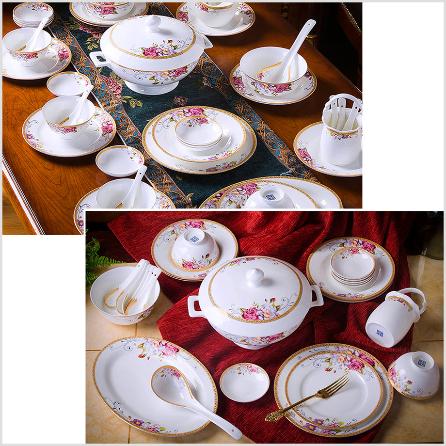 Bone China Dinnerware Set - Colorful Floral Motif & Decorative Rim