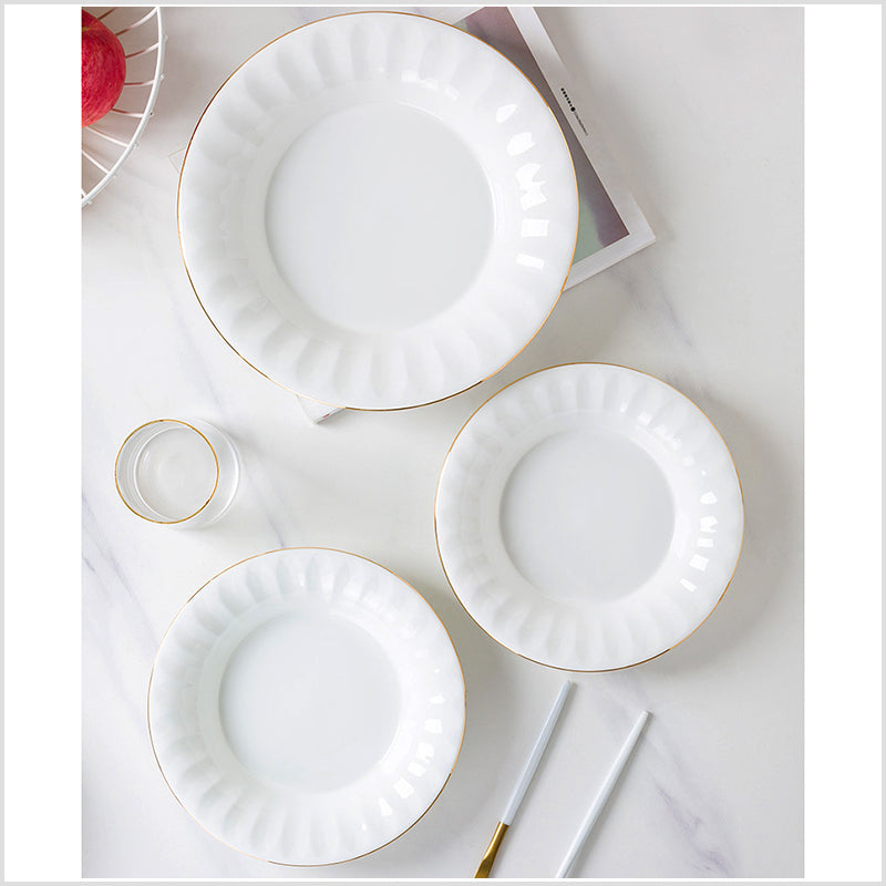 Bone China Deep Plate - Ribbed Front Edge & Gold Rim