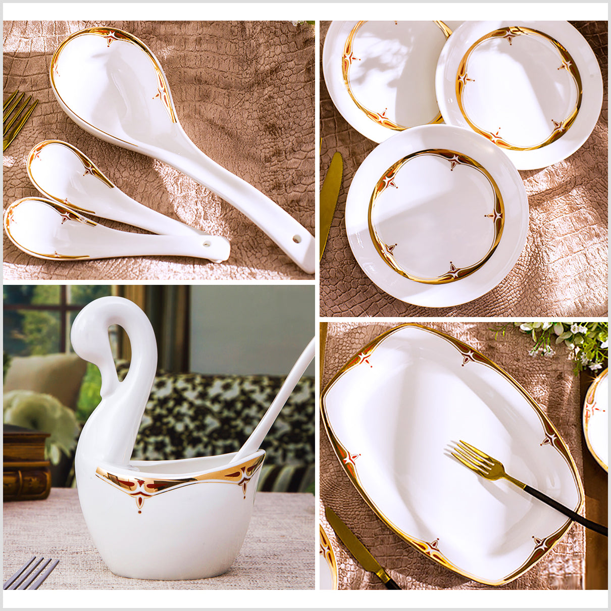 Bone China Dinnerware Set - Decorative Rim in Gold & Rich Colors