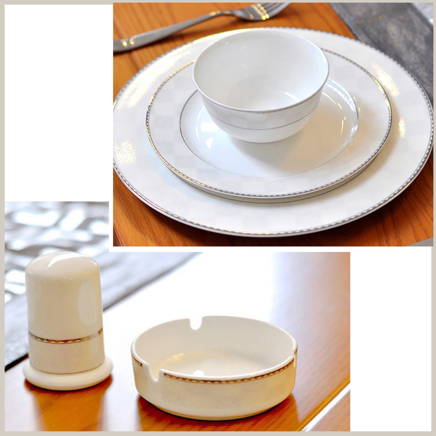 Bone China Dinnerware Set - Silver Decorative Rim & Pale Pattern