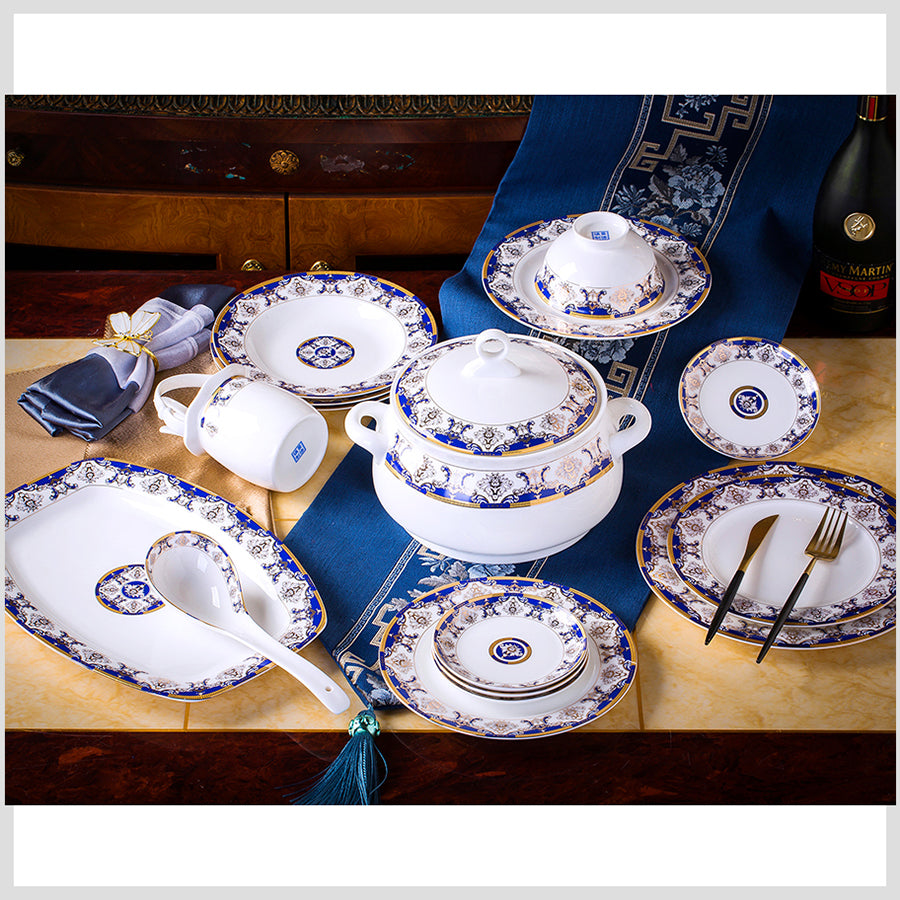 Bone China Dinnerware Set - Gold Inlay of Decorative Motif in Blue