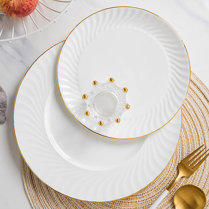 Bone China Dinner Plate - Ribbed Front Edge & Gold Rim