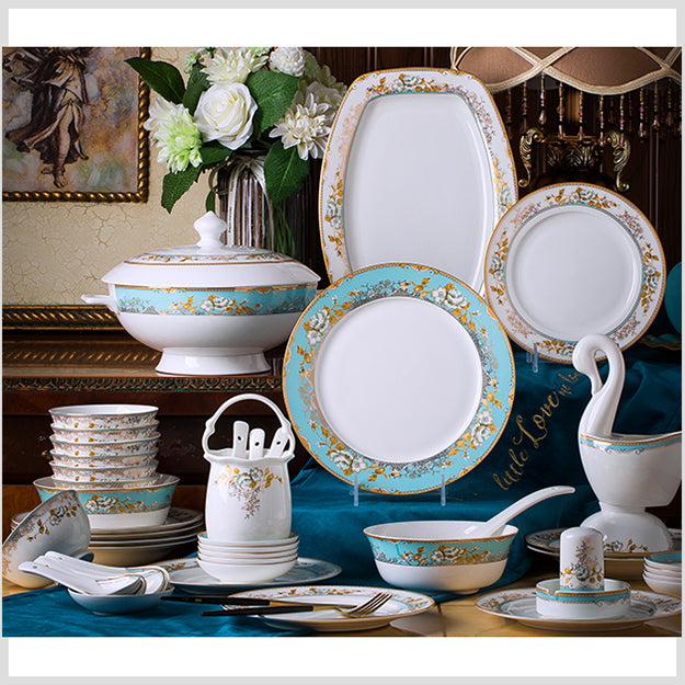 Bone China Dinnerware Set - Floral Motif in Turquoise