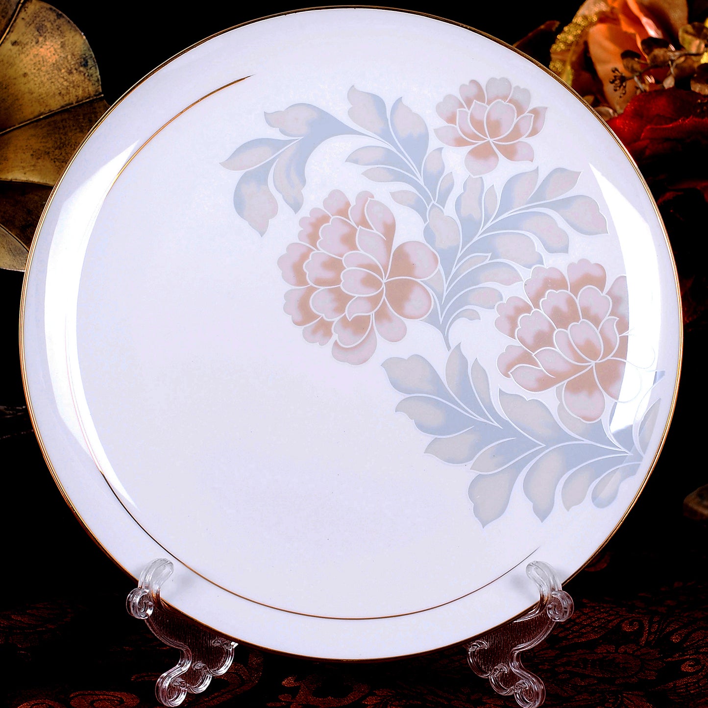 Bone China Dinnerware Set - Floral Motif in Pale Colors with Gold Rim