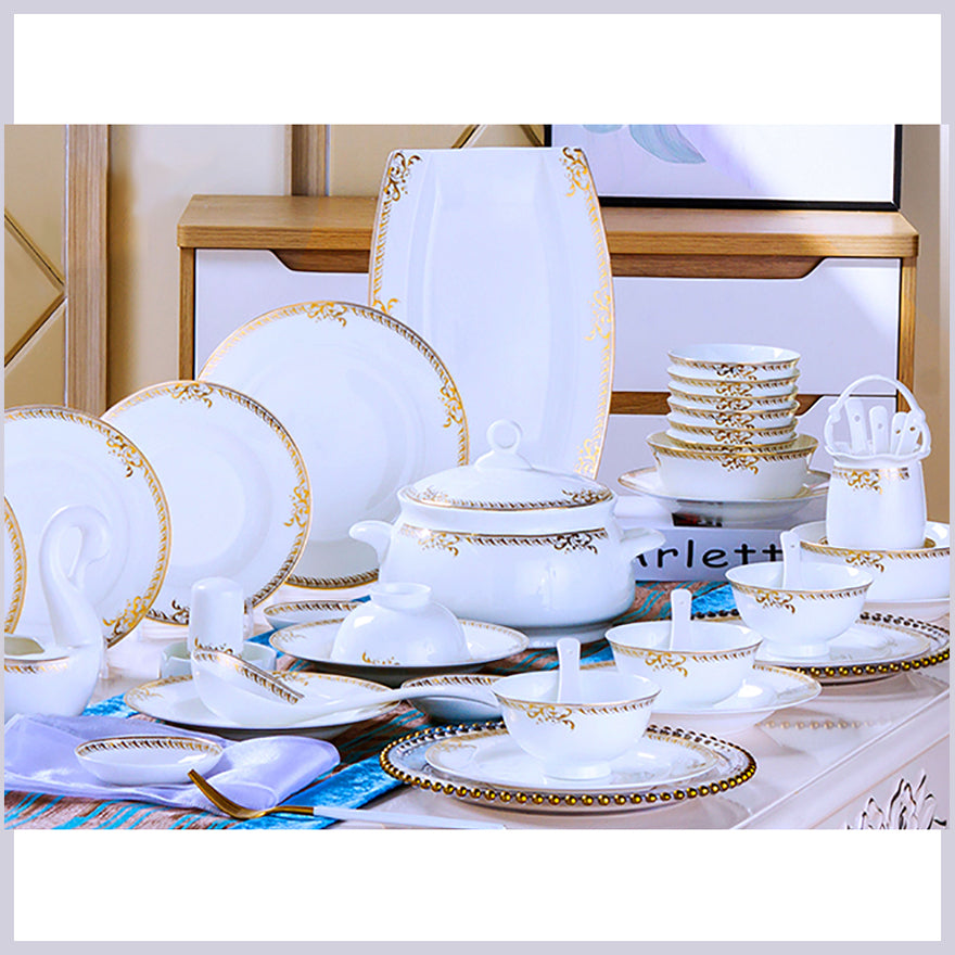 Bone China Dinnerware Set - Gold Inlay of Decorative Rim