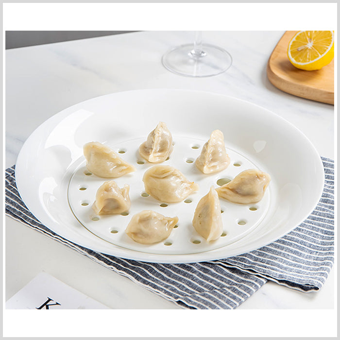 Bone China Dumpling Plate with Strainer - in Creamy White