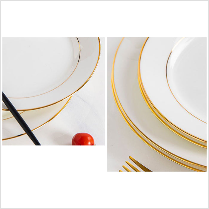 Bone China Flat Plate - White with Gold Rim