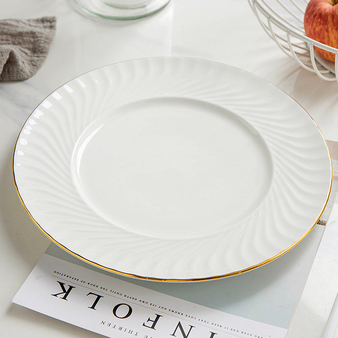 Bone China Dinner Plate - Ribbed Front Edge & Gold Rim