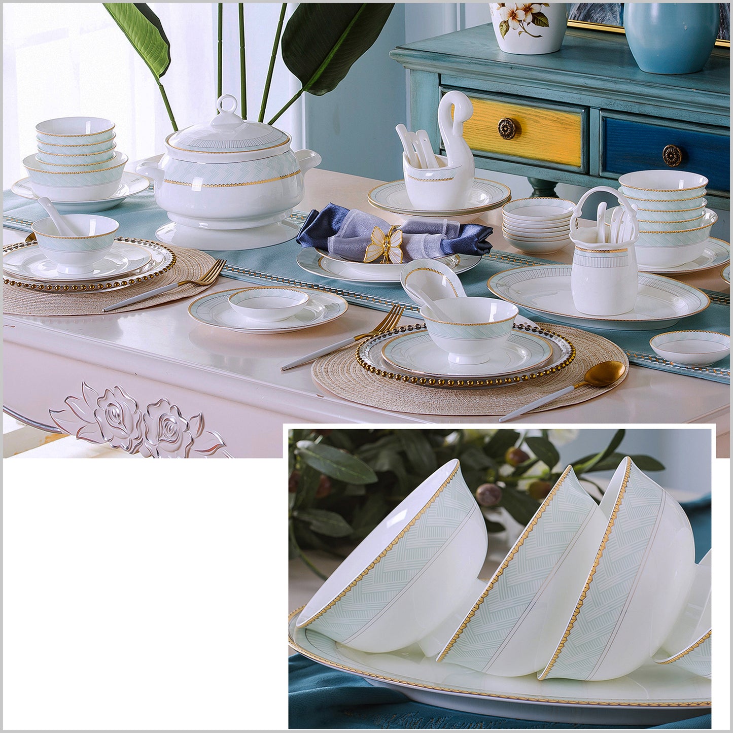 Bone China Dinnerware Set - Decorative Rim with Pattern in Pale Blue