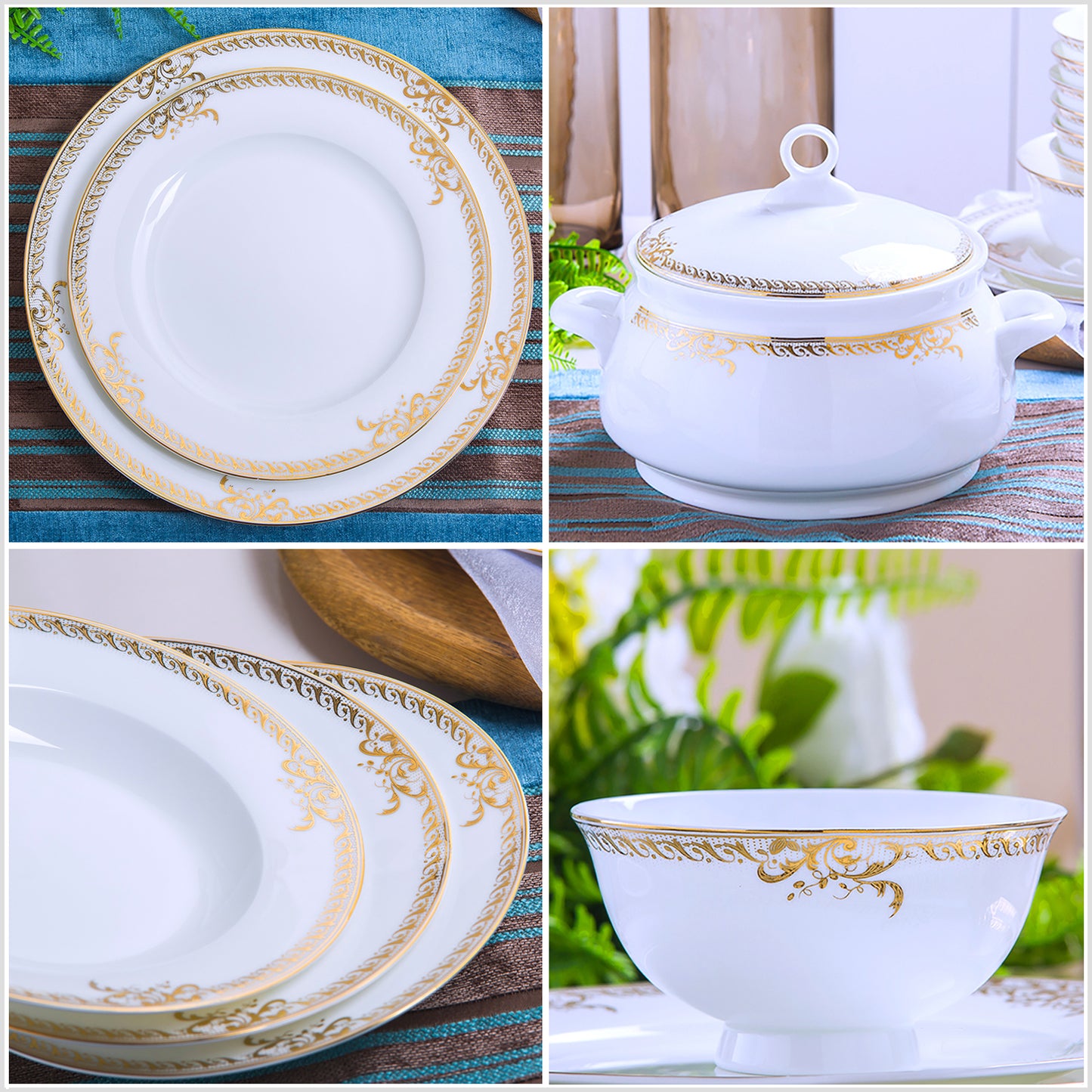 Bone China Dinnerware Set - Gold Inlay of Decorative Rim